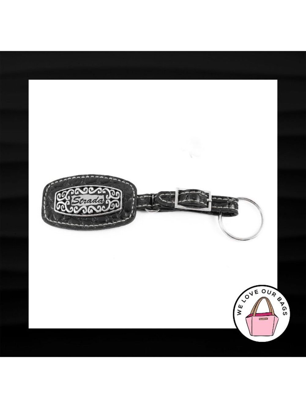 STRADA BLACK CROC LEATHER BUCKLE STRAP NICKEL FOB BAG CHARM KEYCHAIN HANG TAG